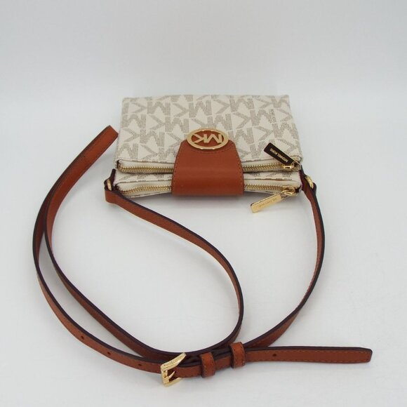 Michael Kors Fulton Signature Monogram Vanilla and Brown Crossbody Bag - Picture 4 of 12